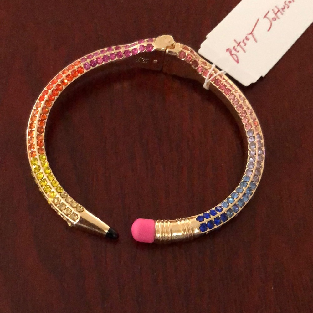 Betsey Johnson Gold Tone Rainbow Multi Crystal Pencil Hinge Bracelet NWT